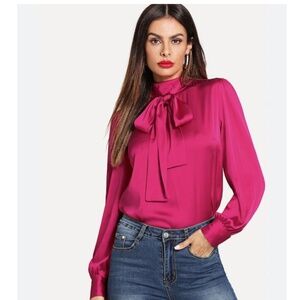 SHEIN Satin Fuchsia Bow Tie Holiday Blouse Sz. L